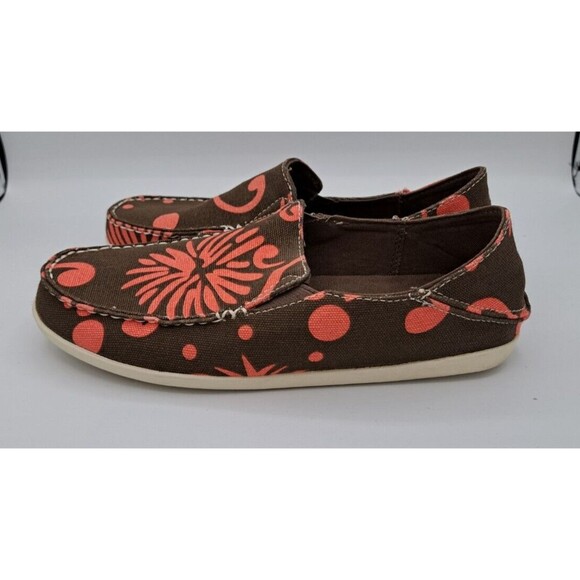 Olukai Nohea Canvas Print Tropical Slip on Loafer Brown Pink Women's Size 7 - Picture 3 of 15